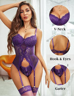 Floral Lace Corset Lingerie Set with Garter Straps And Cutout Detail