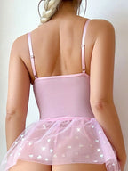 Floral Lace Lingerie Dress with Heart Print Tulle Skirt And Garter Straps