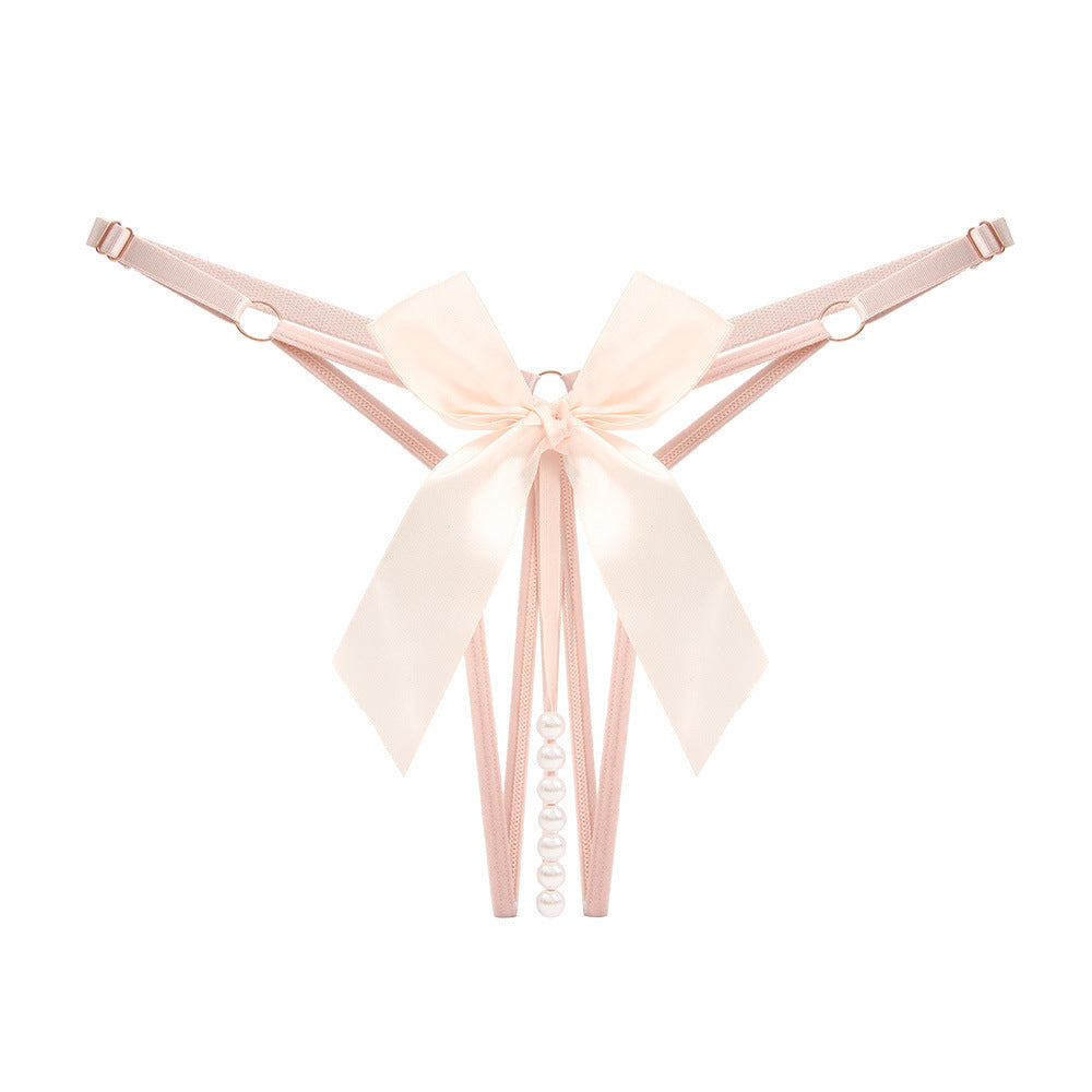 Pearl Beaded Strappy Thong Lingerie with Satin Bow Detail