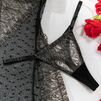 Floral Lace Polka‑Dot Sheer Mesh Chemise Set