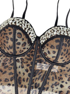 Leopard Print Mesh Corset Bustier with Rhinestone Trim