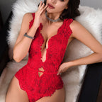 Deep V Eyelash Lace Bodysuit Lingerie