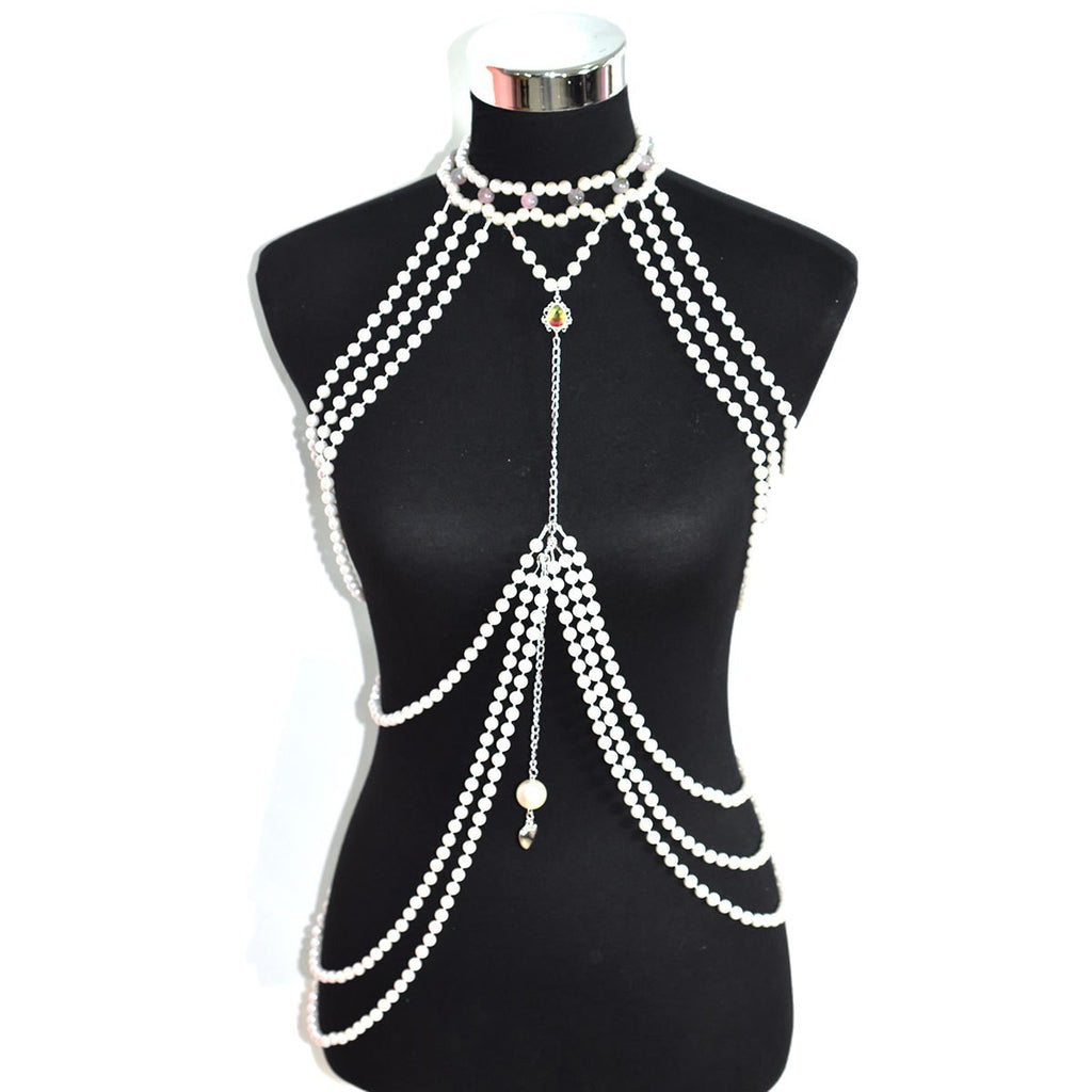 Classic Long Faux Pearl Dress with Heart Pendant and Crystal Accent Women's Party Banquet Body Chain
