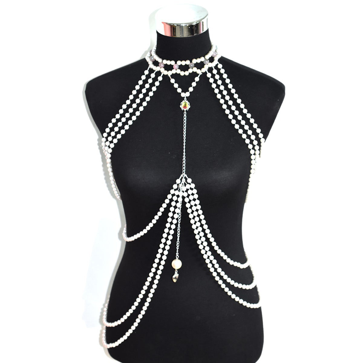 Classic Long Faux Pearl Dress with Heart Pendant and Crystal Accent Women's Party Banquet Body Chain