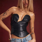 Leather Heart-Shaped Bustier Strapless Crop Top