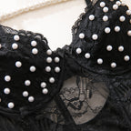 Pearl‑Embellished Floral Lace Open‑Back Teddy Bodysuit