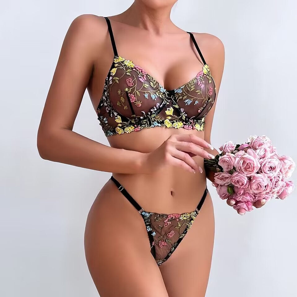 Sexy Embroidered Floral Colorblock Underwire Bra and Thong Lingerie Set