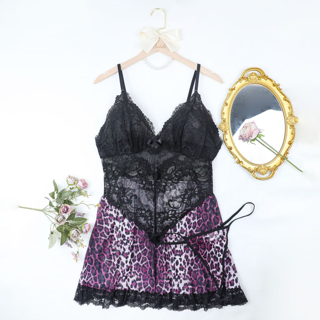 Leopard Print Lace Babydoll with Sheer Mesh Bust