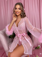 Heart Lace Lingerie Set with Feather Trim Robe