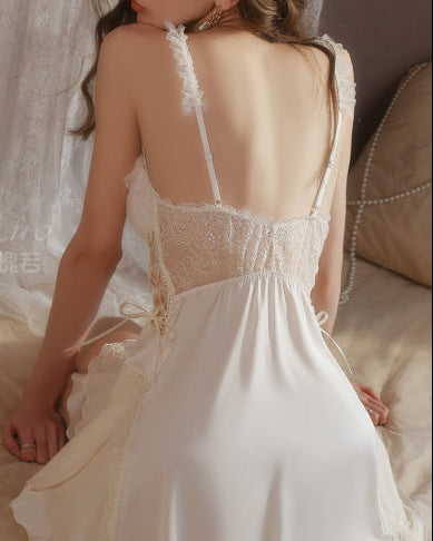 Rhinestone‑Trimmed Open‑Back Satin Slip Chemise