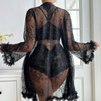 Floral Lace Sheer Robe & Lingerie Set with Satin Trim