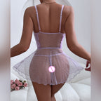 Sweetheart Neckline Lace Trim Mesh Lingerie Dress with Split Hem
