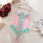 Contrast‑Color Floral Lace Panel Teddy Bodysuit