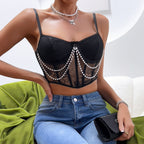 Lace Corset Crop Top with Pearl Chain Detail