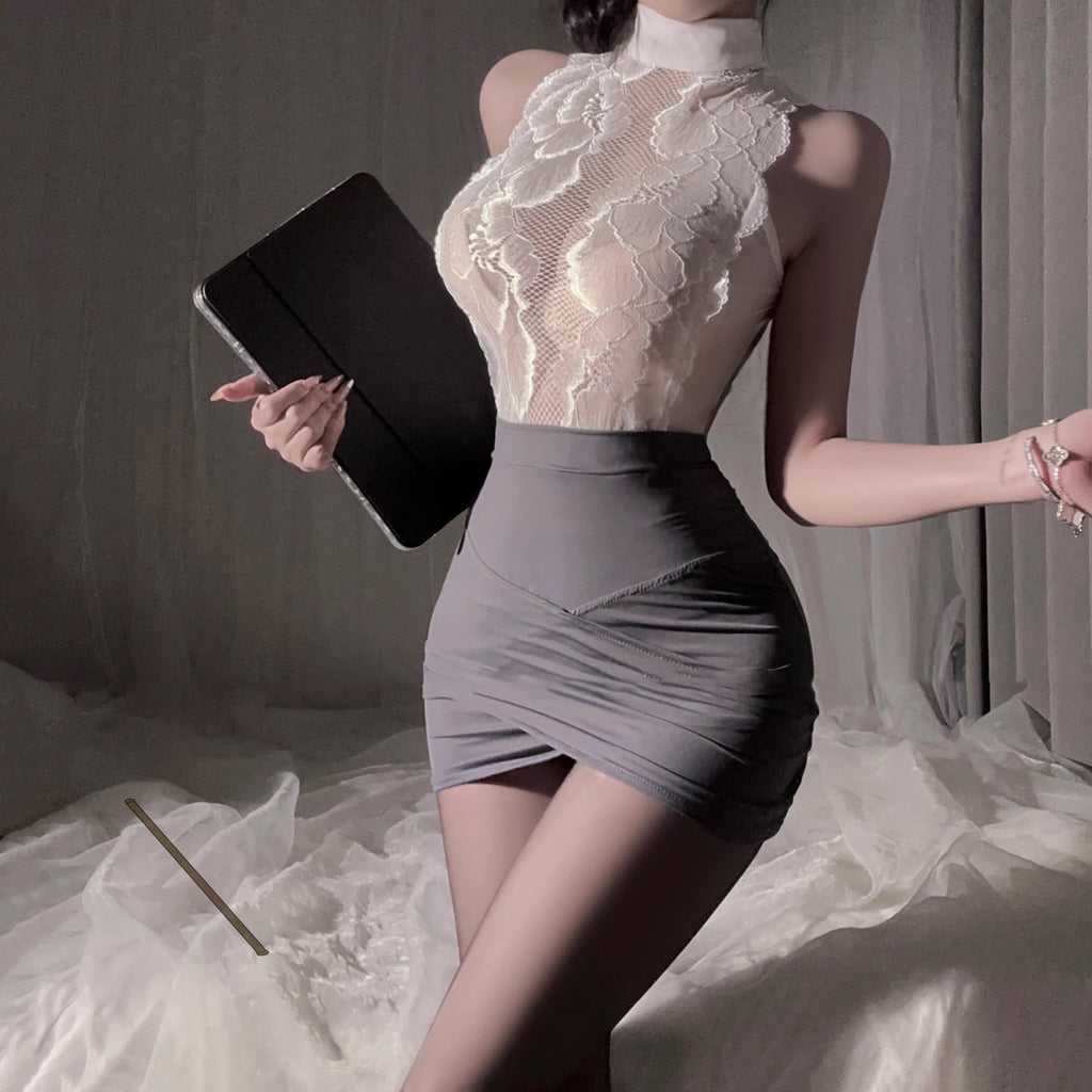 Sexy Flight Attendant Secretary Bodycon Dress with Hollow-Out Uniform Style