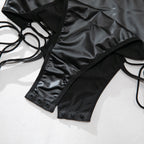 Patent Faux‑Leather Lace‑Up Mesh‑Sleeve Teddy Bodysuit