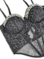 Leopard Print Mesh Corset Bustier with Rhinestone Trim