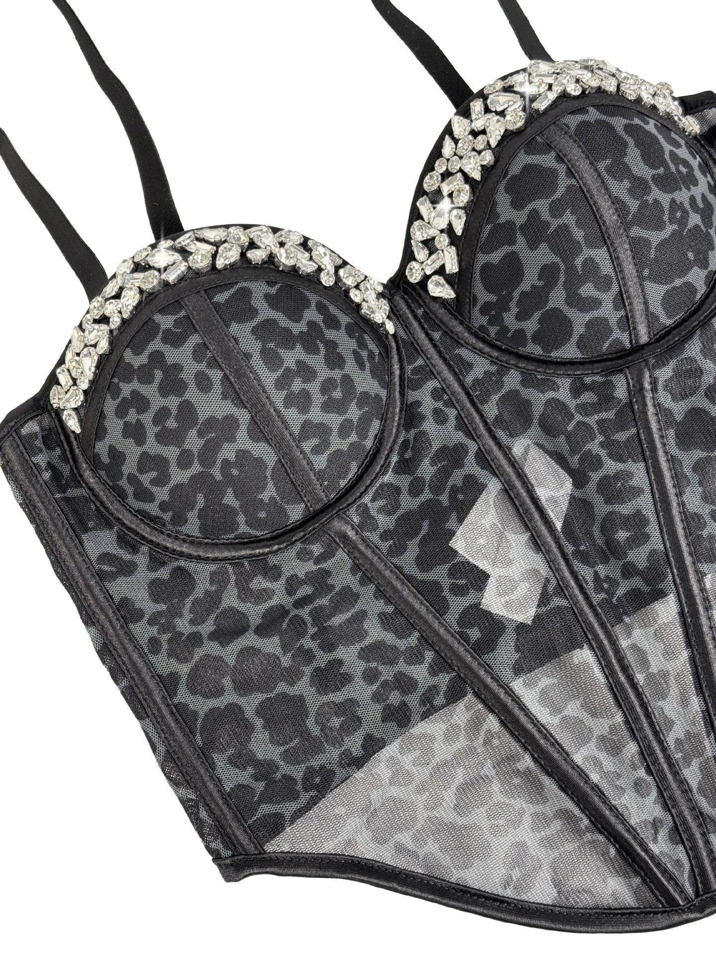 Leopard Print Mesh Corset Bustier with Rhinestone Trim