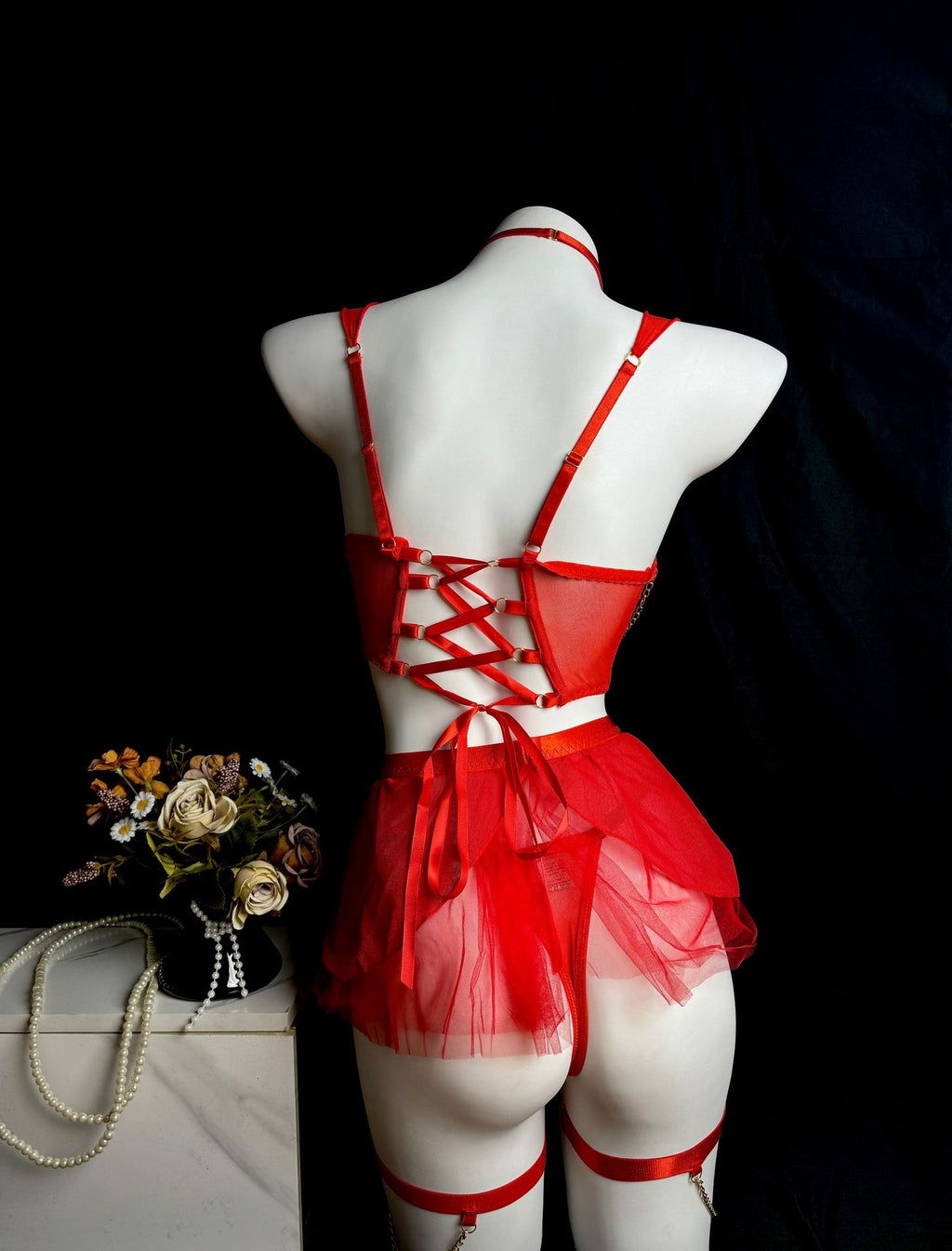 Seductive Sheer Mesh Lingerie Set with Gloves And Garter Straps