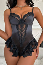 Provocative Satin Teddy Lingerie with Ruffled Lace Hem