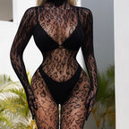 Sexy Long Sleeve One-Piece Fishnet Lingerie Bodysuit with Closed Crotch
