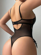 Leather Mesh Teddy Bodysuit with Heart Detail & Garter Straps