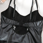 Patent Faux‑Leather Lace‑Up Mesh‑Sleeve Teddy Bodysuit