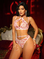 Kiss Print Lace Halter Lingerie Set with Choker And Heart Rhinestone Detail