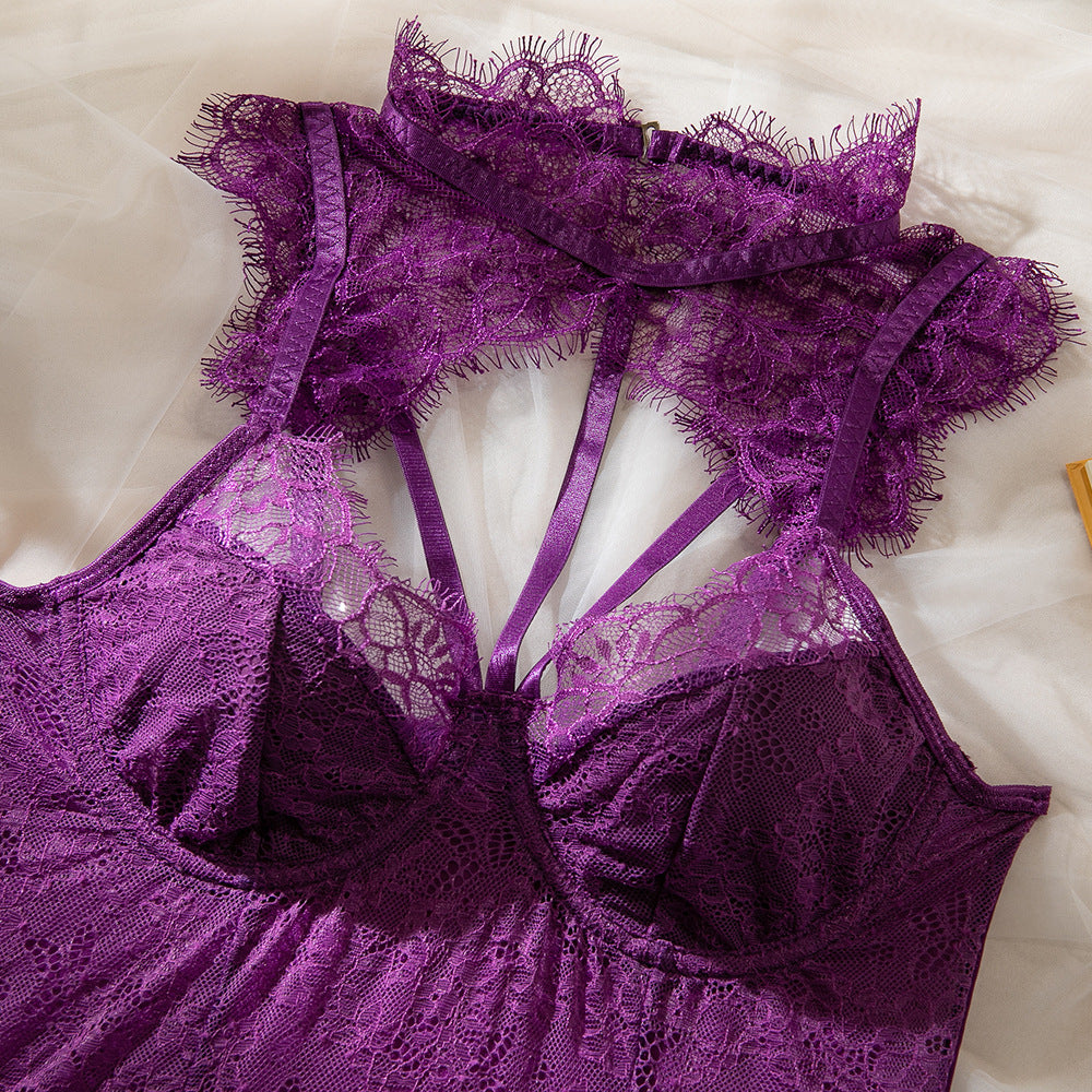 Fringe Lace Halter Cutout Waist Cinching High Cut Sheer Mesh Teddy Bodysuit