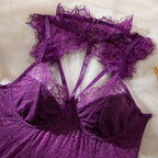 Fringe Lace Halter Cutout Waist Cinching High Cut Sheer Mesh Teddy Bodysuit