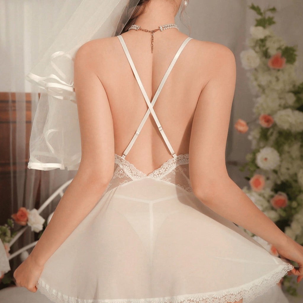 Floral Lace Appliqué Sheer Mesh Babydoll Lingerie