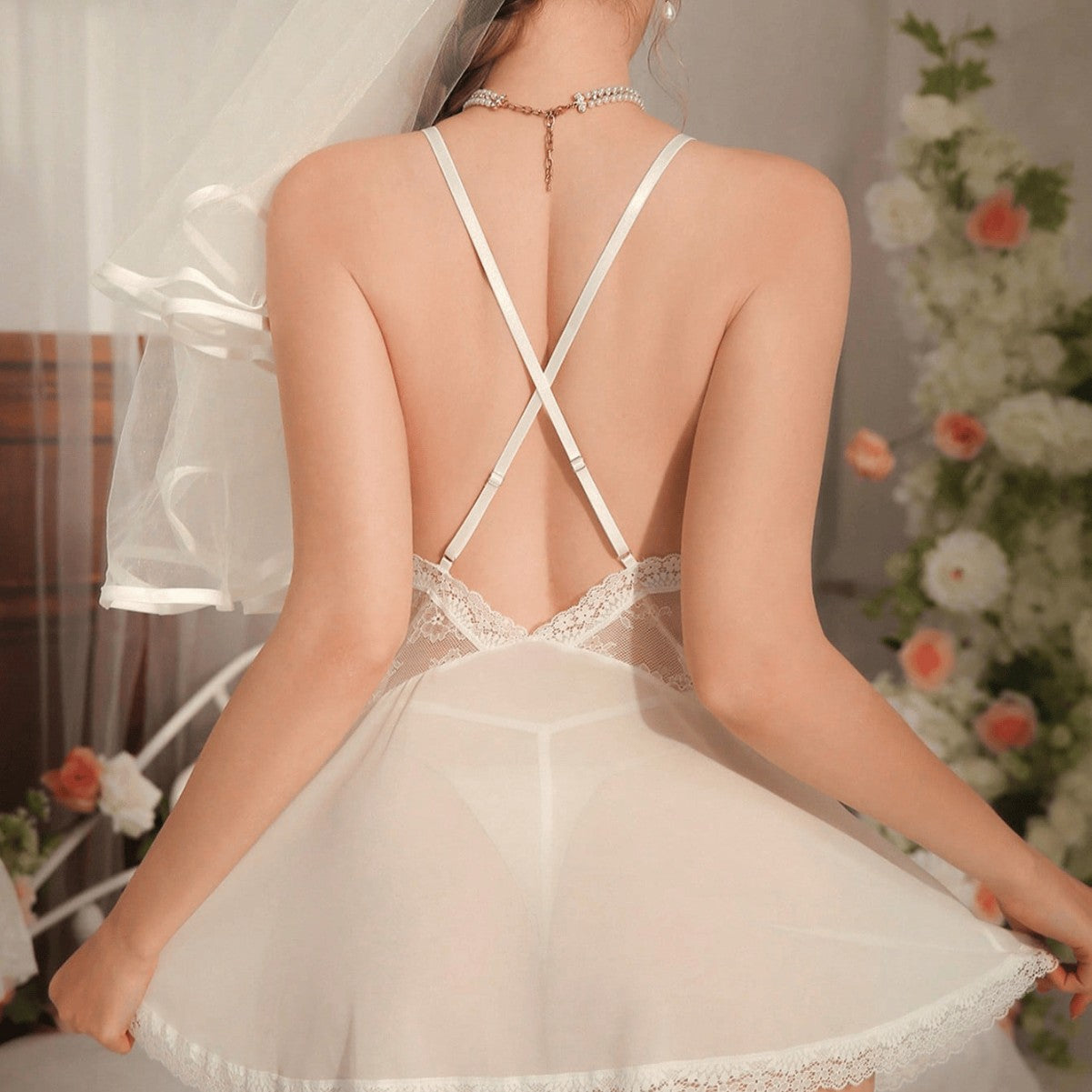 Floral Lace Appliqué Sheer Mesh Babydoll Lingerie