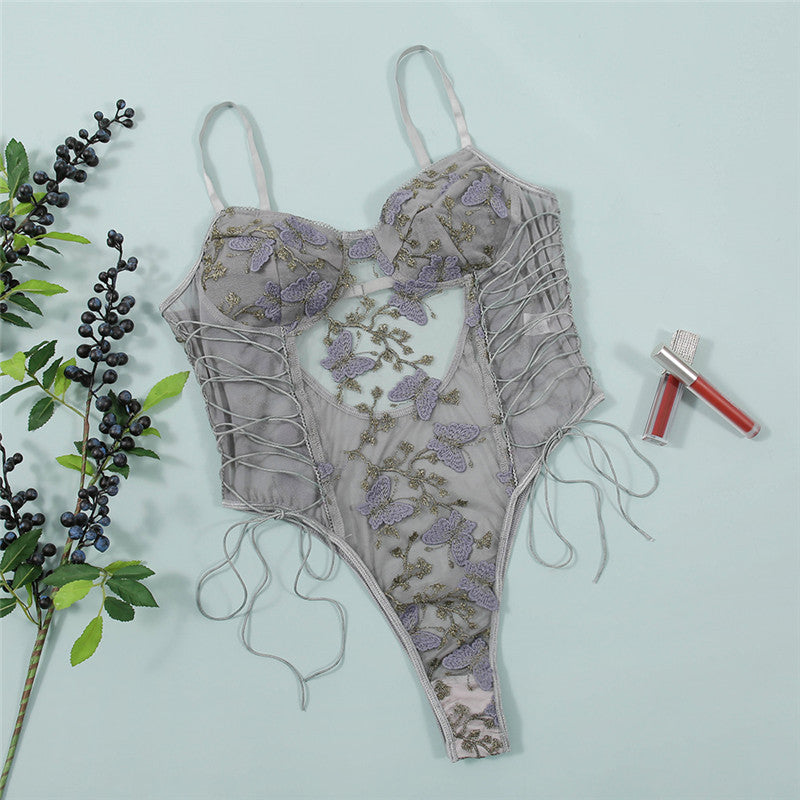 Seductive Floral And Butterfly Mesh Bodysuit with Open Back
