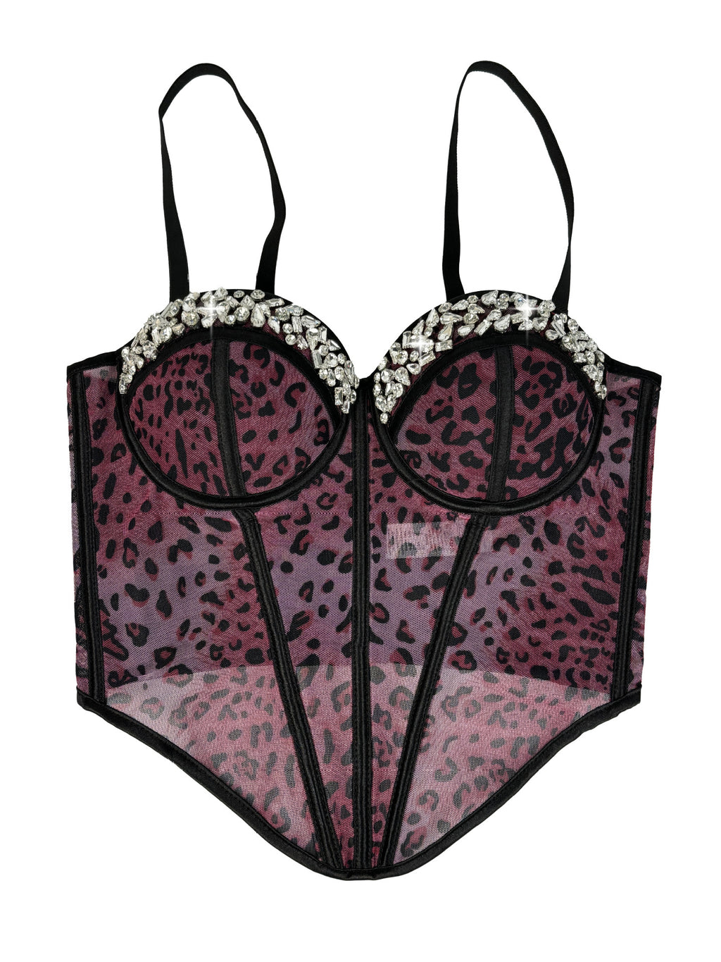 Leopard Print Mesh Corset Bustier with Rhinestone Trim