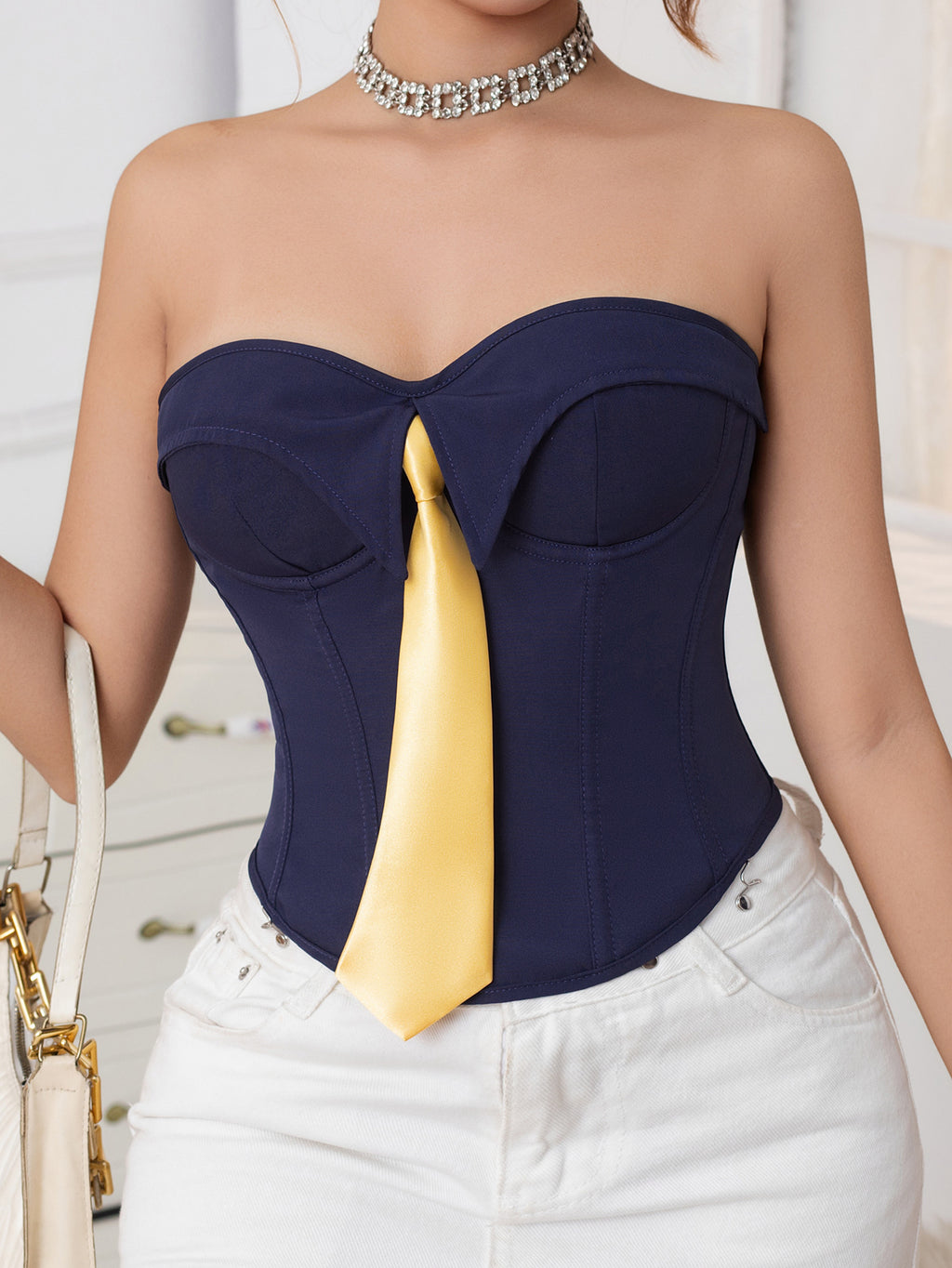 Strapless Push-Up Corset Top with Tie Detail & Back Lace-Up