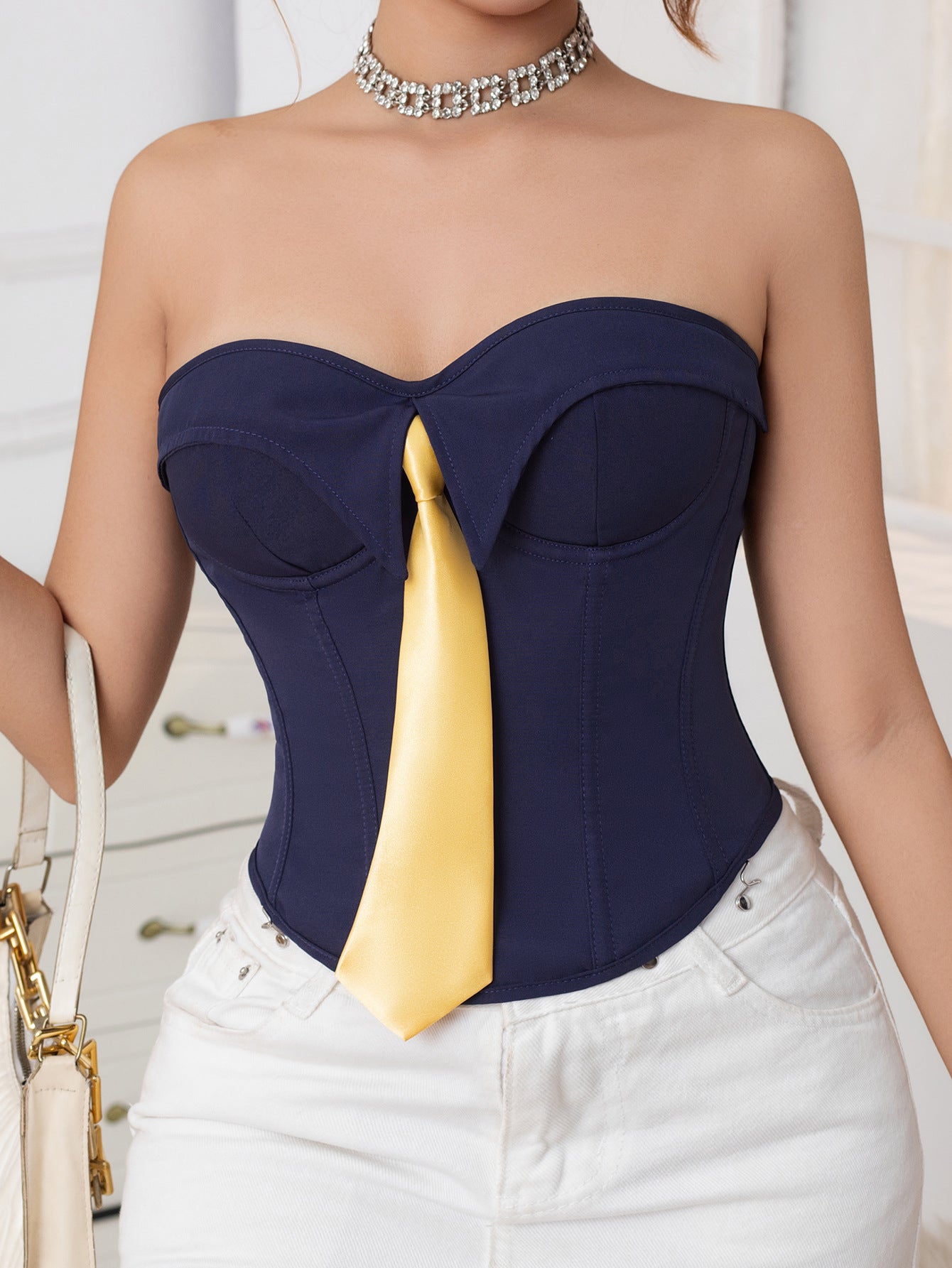 Strapless Push-Up Corset Top with Tie Detail & Back Lace-Up