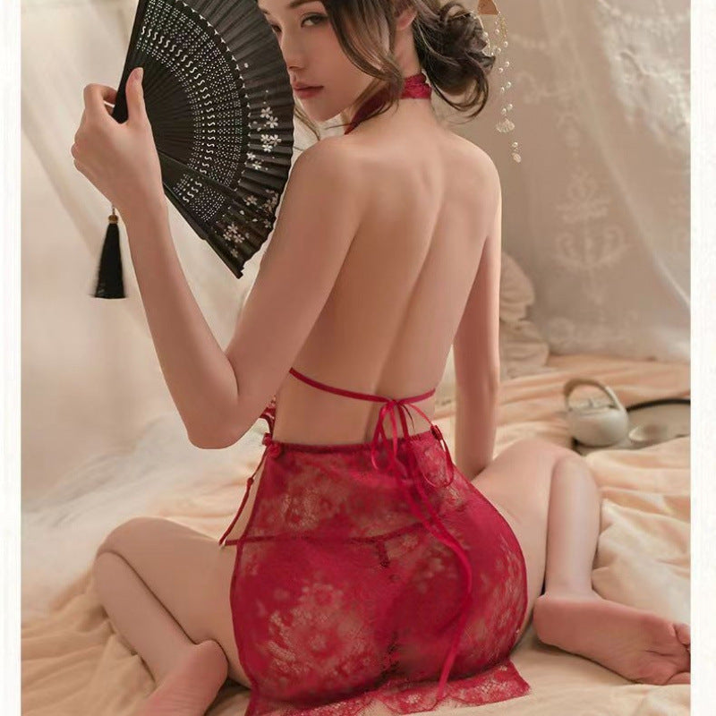2026 Plus Size Sexy Lace Cheongsam Lingerie Set with Hollow-Out Sheer Slit Design