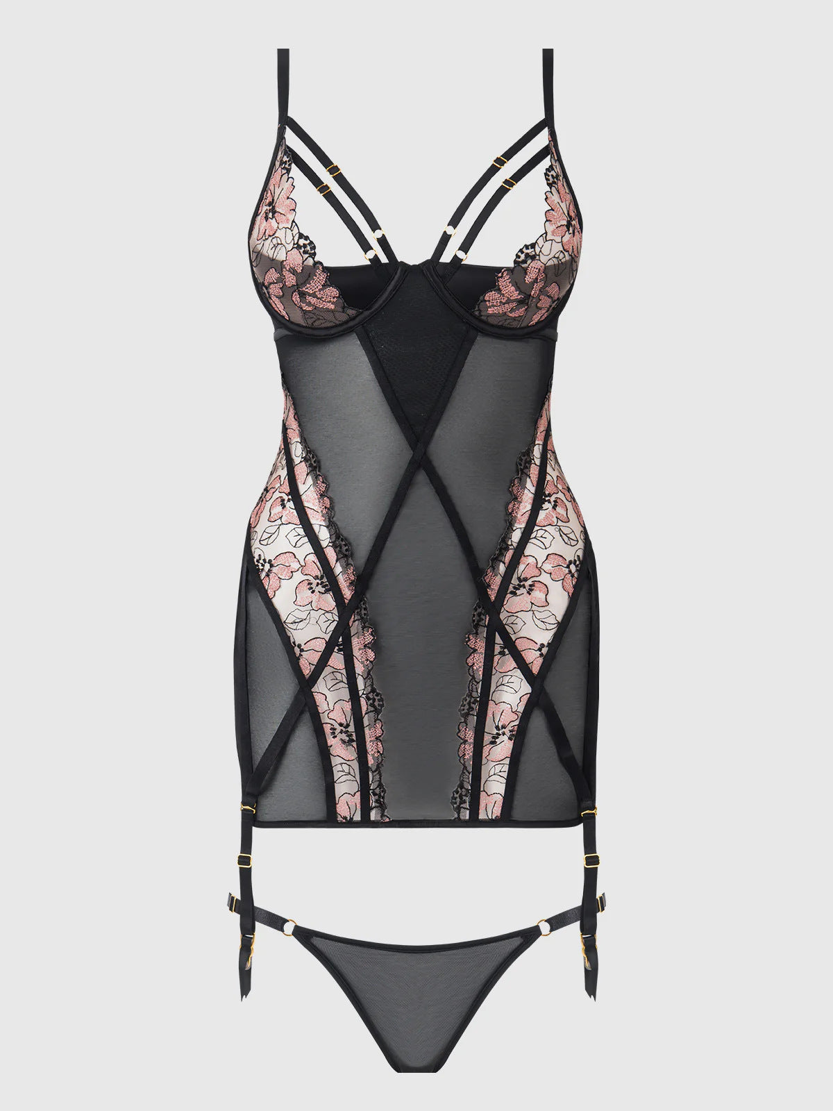 Floral Lace Open‑Back Cut‑Out Mesh Garter Chemise