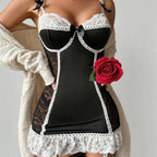 Contrast Lace Satin Garter Chemise Lingerie Dress with Bow Detail