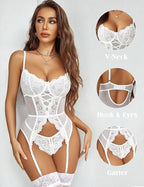 Floral Lace Corset Lingerie Set with Garter Straps And Cutout Detail