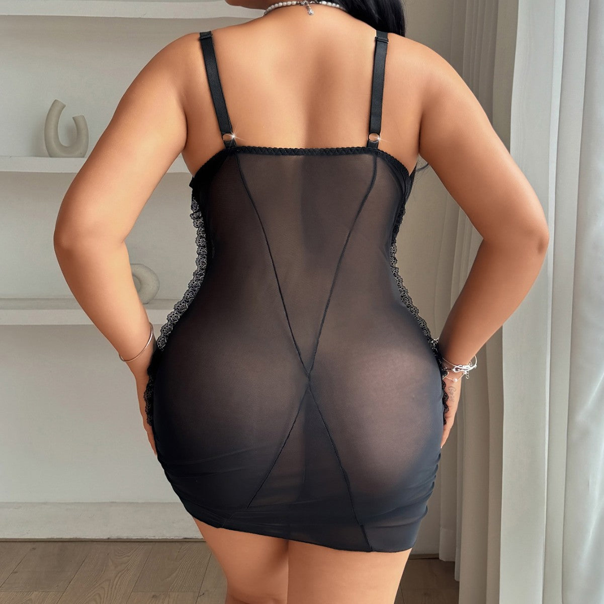 Floral Embroidered Ruched Mesh Chemise with Garter Straps