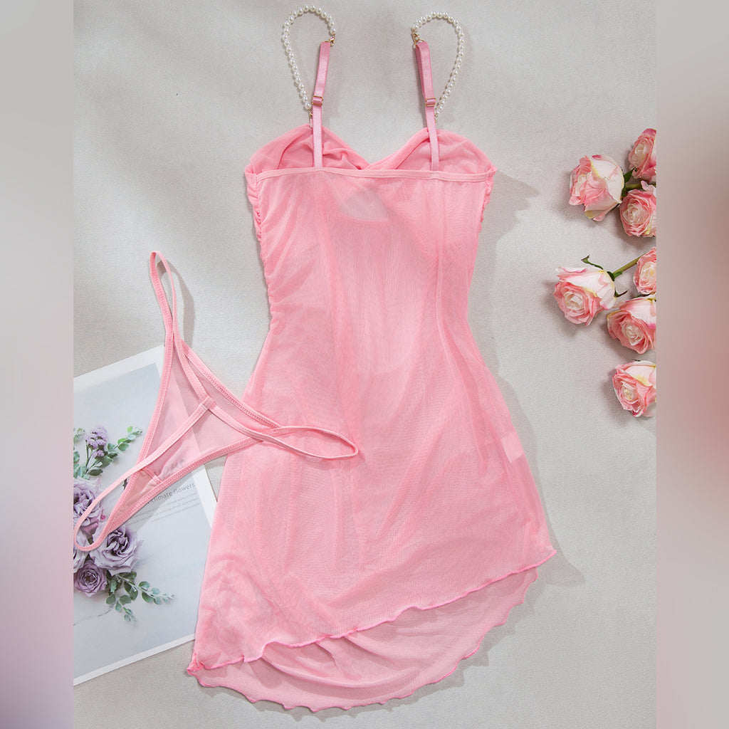 Pearl Spaghetti‑Strap Sheer Mesh Ruched Chemise