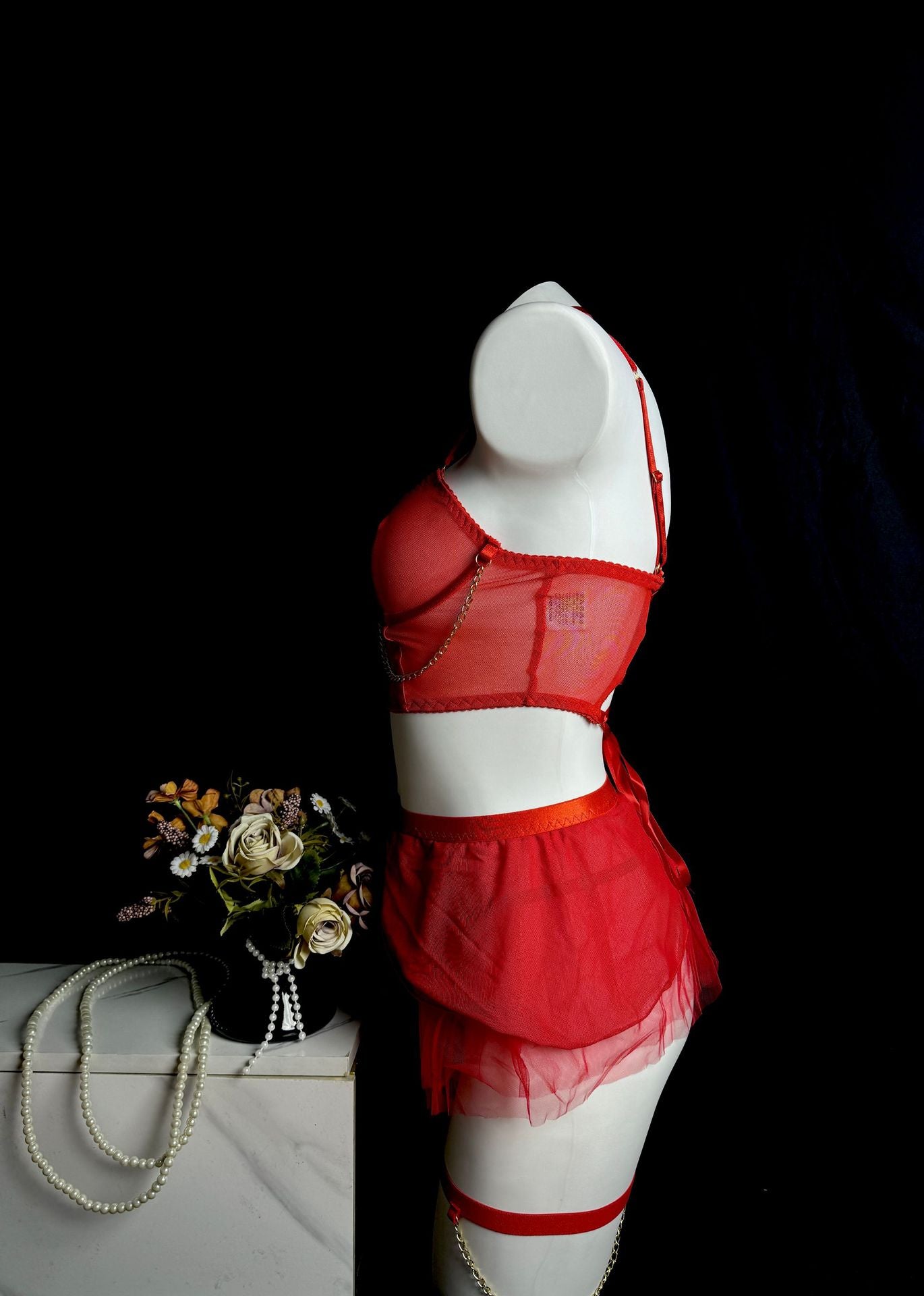 Seductive Sheer Mesh Lingerie Set with Gloves And Garter Straps