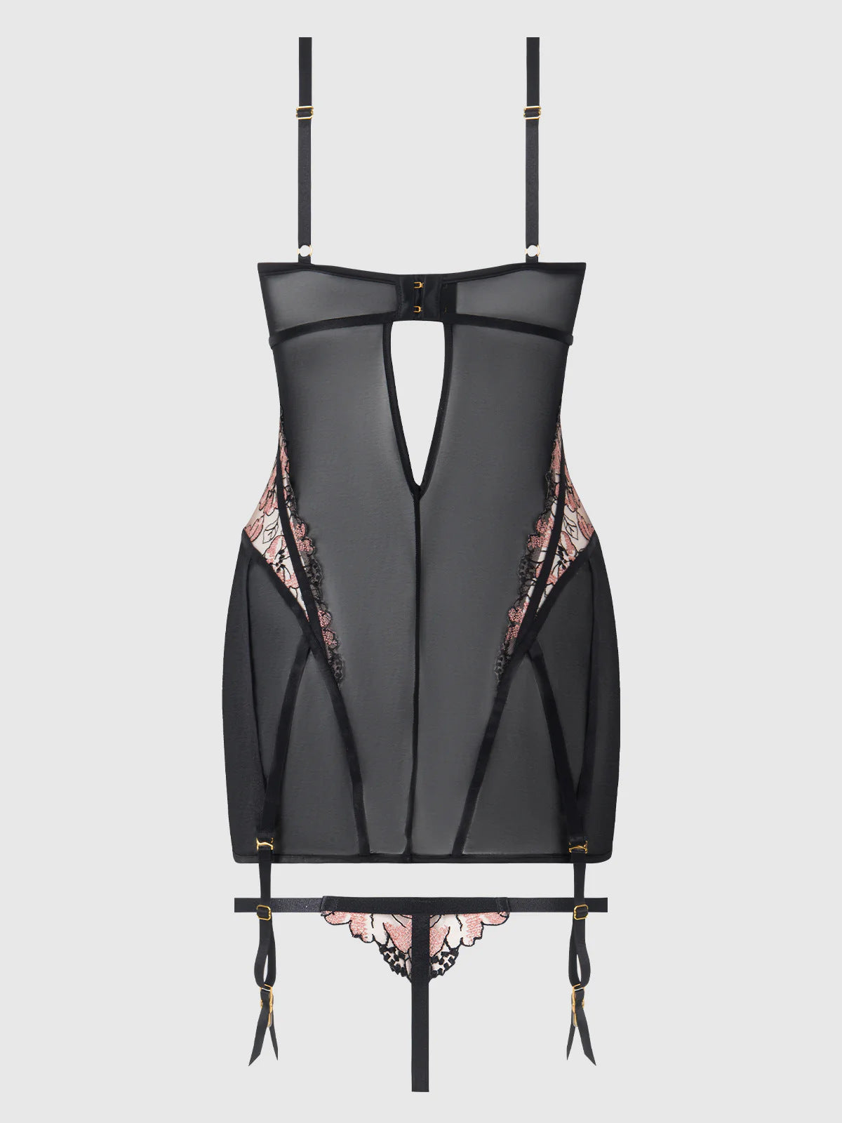 Floral Lace Open‑Back Cut‑Out Mesh Garter Chemise