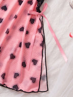 Heart Print Floral Lace Crisscross Back Bow Side Slit Babydoll