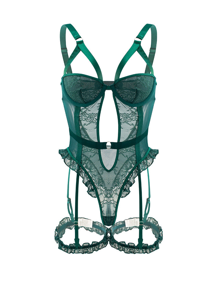 Seductive Hollow Floral Lace Mesh Teddy with Garter Straps