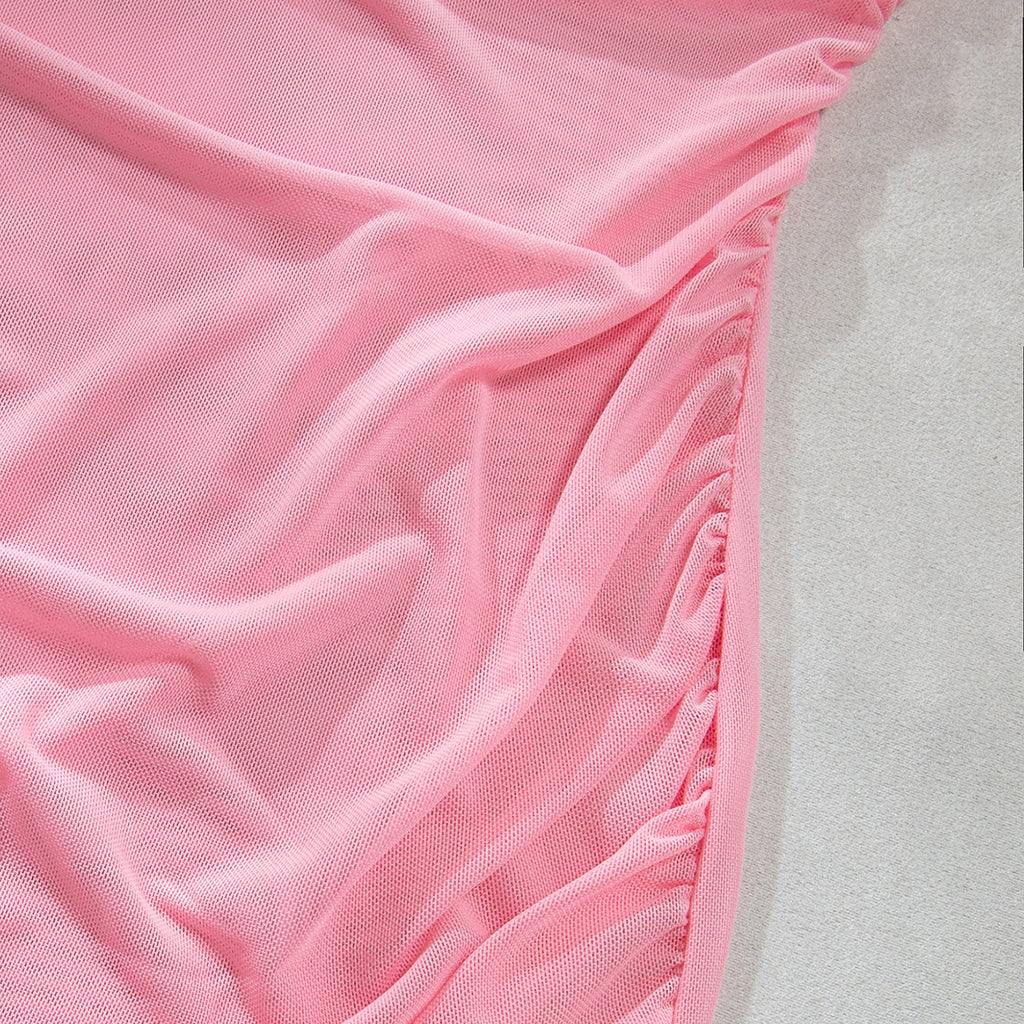 Pearl Spaghetti‑Strap Sheer Mesh Ruched Chemise