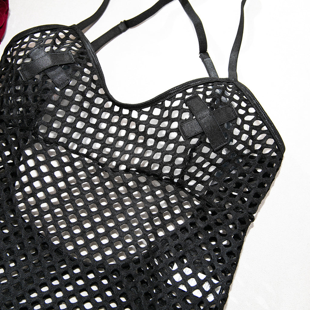 Fishnet Mesh Cross‑Back Criss‑Cross Bodysuit