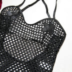 Fishnet Mesh Cross‑Back Criss‑Cross Bodysuit
