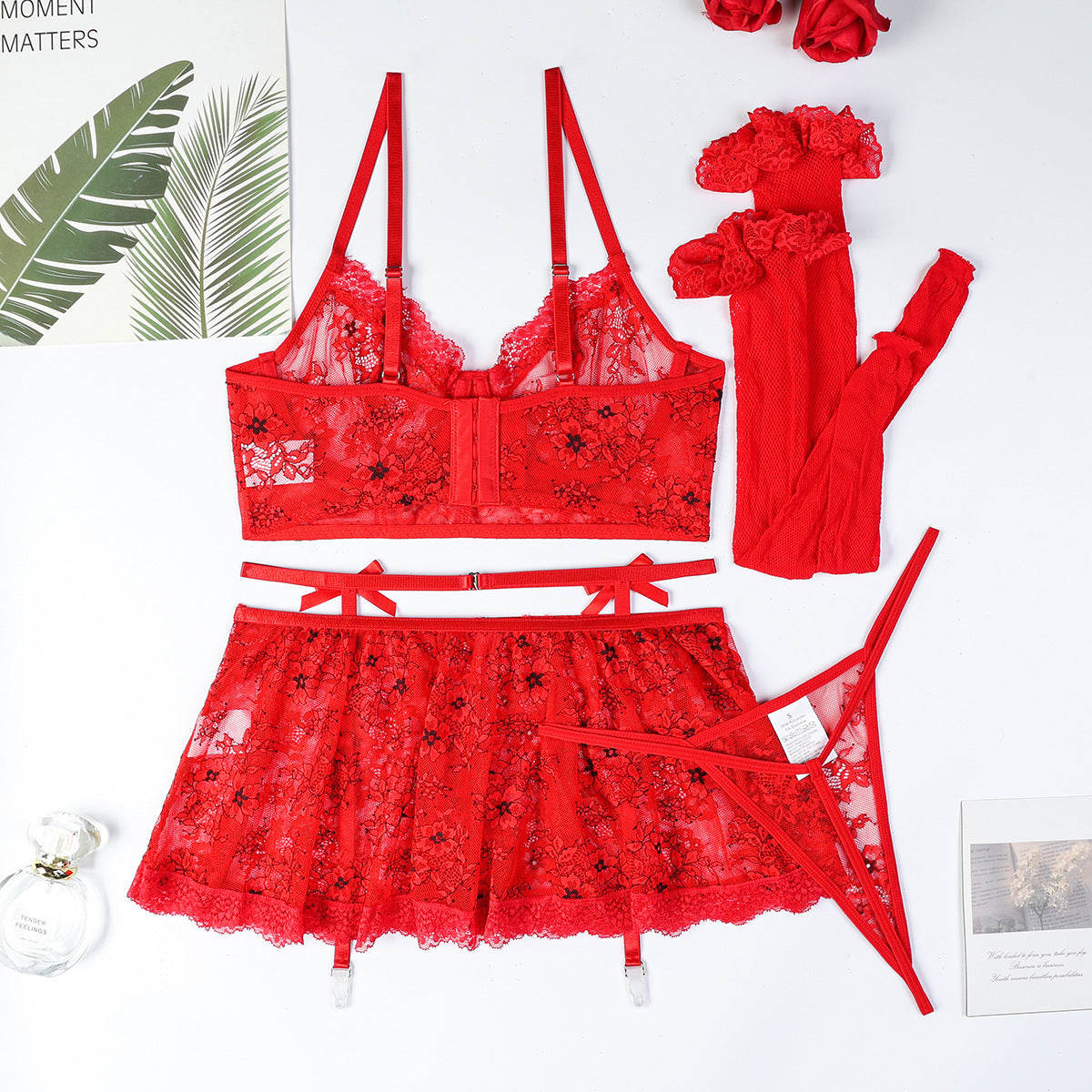 Floral Lace Garter Mini Skirt Lingerie Set